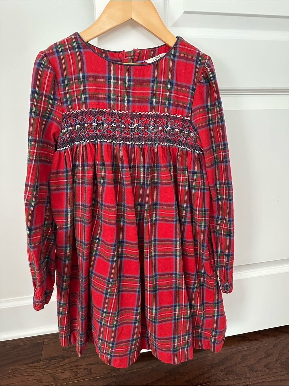 Mini Boden Red Tartan Plaid Smocked Long Sleeve Dress